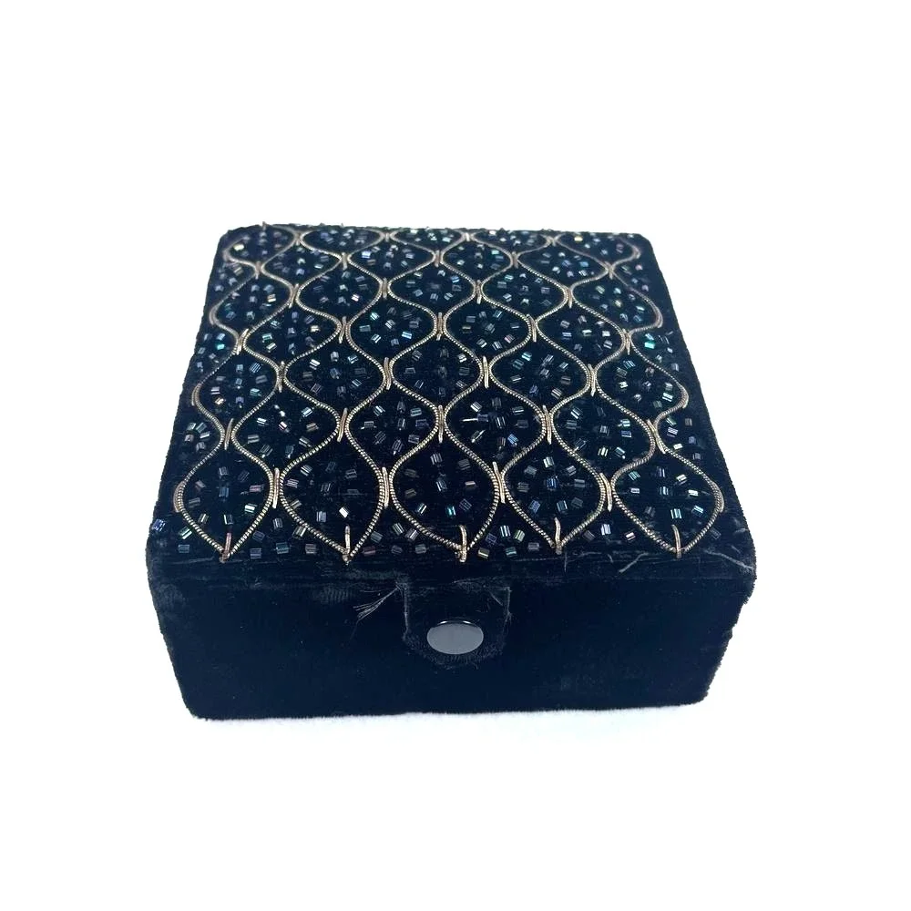 Decorative Velvet Beaded Gift Box Black Vintage Square Soft Luxury‎ Christmas